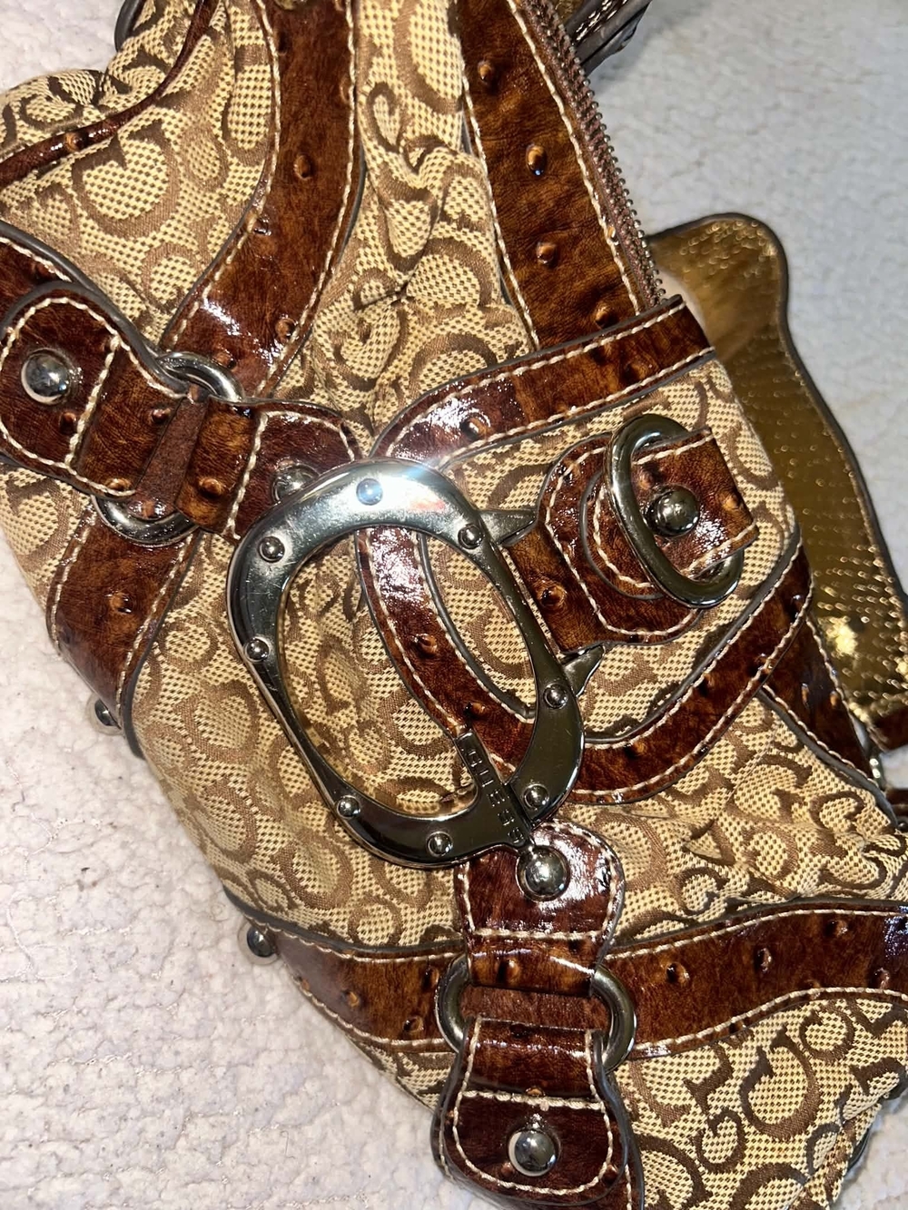 GUESS Tan & Brown Signature Canvas Shoulder Bag with Silver Hardware